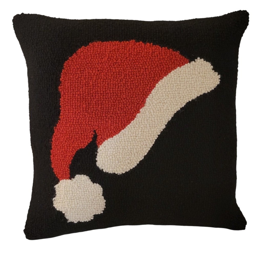 Peking Handicraft Santa Hat Hooked Pillow 16" Square Wool Christmas Decor